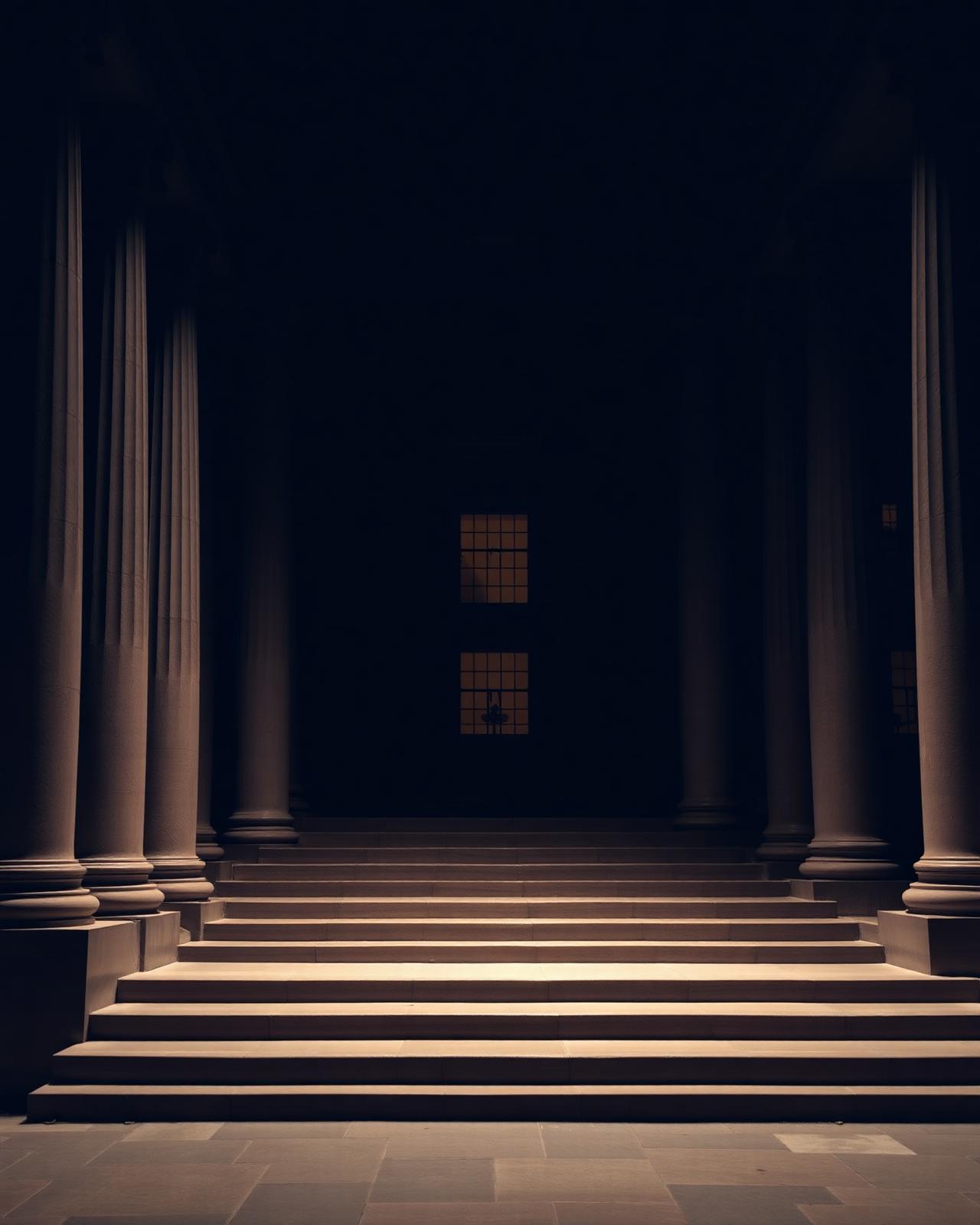 Colunas de edifício institucional iluminadas discretamente
