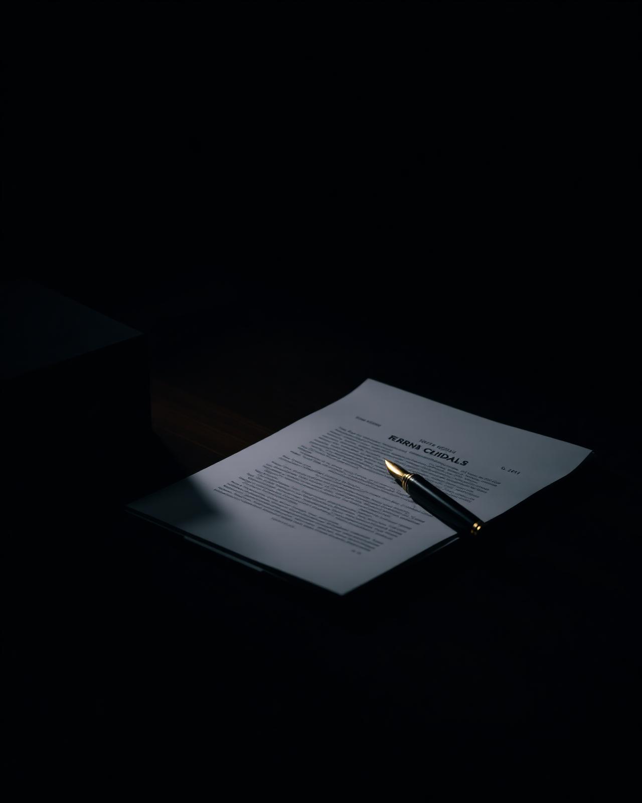 Documentos jurídicos sobre mesa executiva em madeira escura